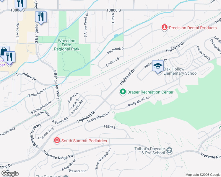 map of restaurants, bars, coffee shops, grocery stores, and more near 572 East Rockwell Vista in Draper