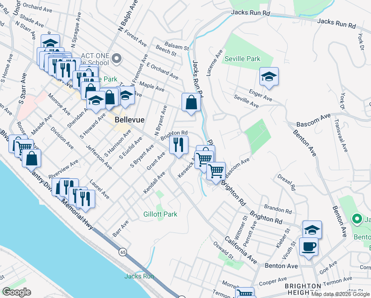 map of restaurants, bars, coffee shops, grocery stores, and more near 60 Sumner Avenue in Bellevue