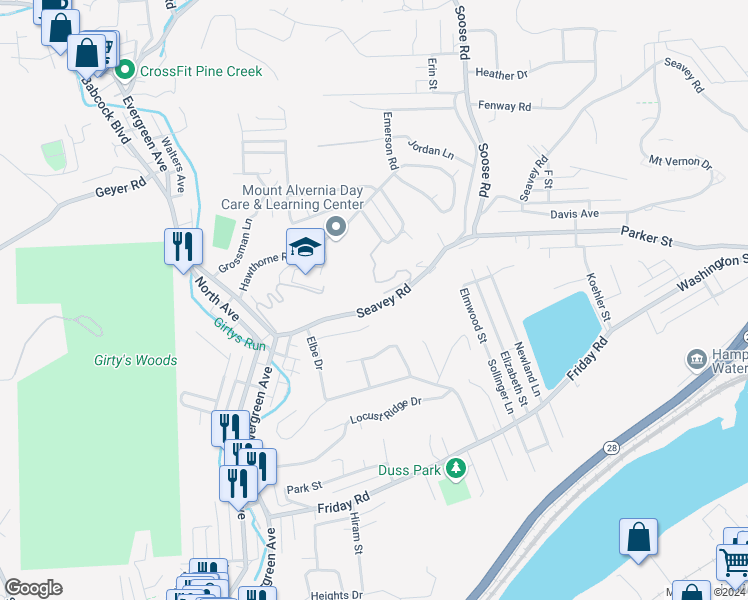 map of restaurants, bars, coffee shops, grocery stores, and more near 702 Seavey Road in Pittsburgh