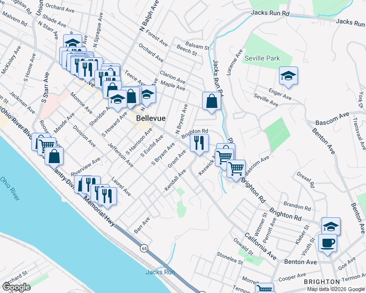map of restaurants, bars, coffee shops, grocery stores, and more near 215 Lincoln Avenue in Bellevue