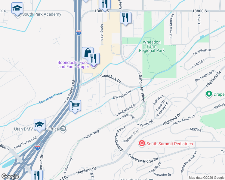 map of restaurants, bars, coffee shops, grocery stores, and more near 165 Irisfield Drive in Draper