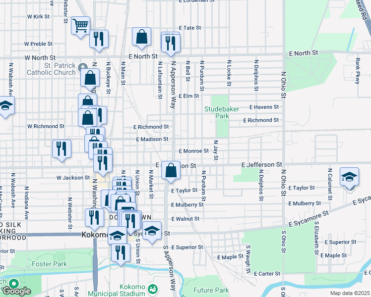 map of restaurants, bars, coffee shops, grocery stores, and more near 520 East Monroe Street in Kokomo