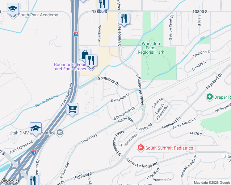 map of restaurants, bars, coffee shops, grocery stores, and more near 14263 South Honeyfield Drive in Draper