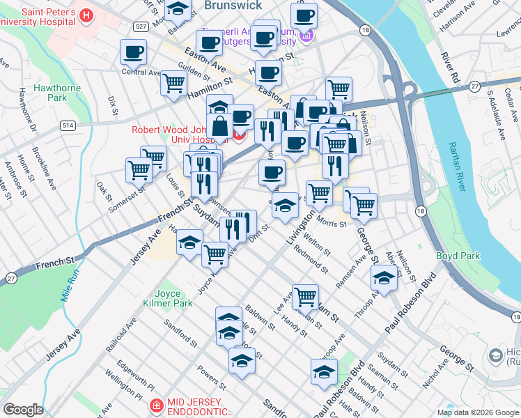 map of restaurants, bars, coffee shops, grocery stores, and more near 144 New Street in New Brunswick