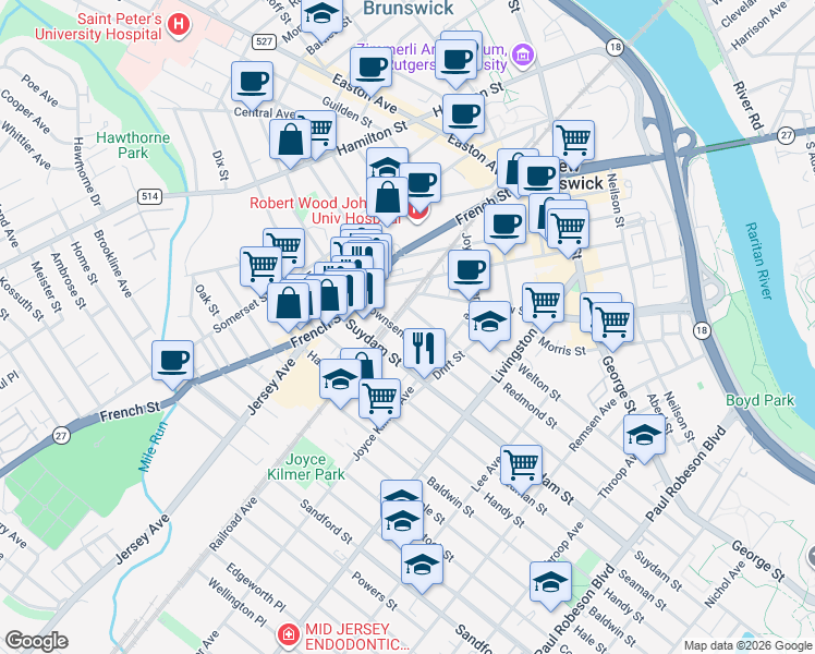 map of restaurants, bars, coffee shops, grocery stores, and more near 333 Townsend Street in New Brunswick