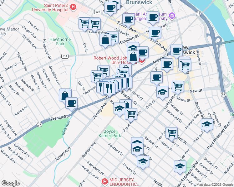 map of restaurants, bars, coffee shops, grocery stores, and more near 141 French Street in New Brunswick