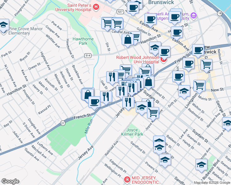 map of restaurants, bars, coffee shops, grocery stores, and more near 299 Somerset Street in New Brunswick
