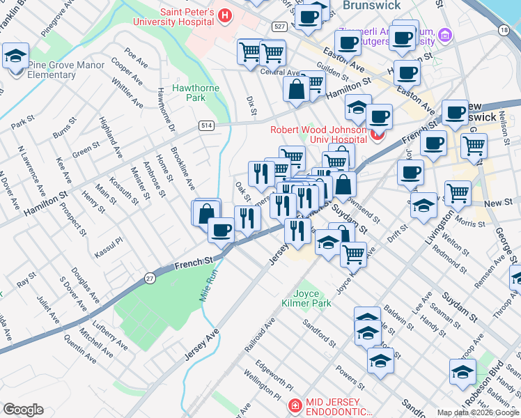 map of restaurants, bars, coffee shops, grocery stores, and more near 299 Somerset Street in New Brunswick