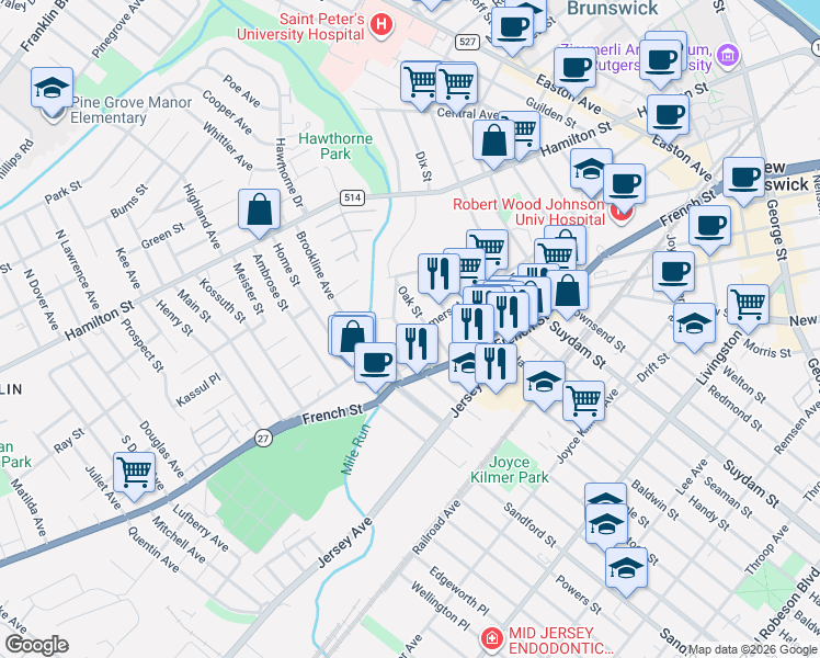 map of restaurants, bars, coffee shops, grocery stores, and more near 7 Laurel Place in New Brunswick