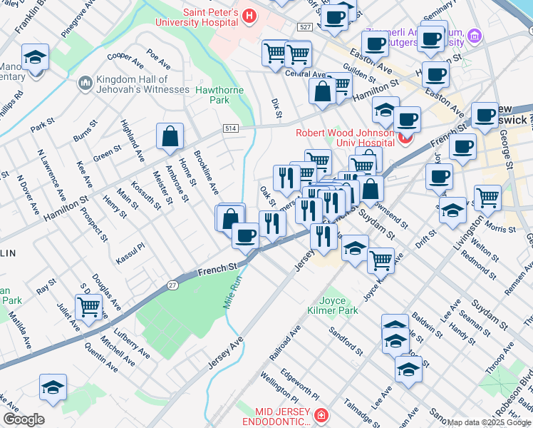 map of restaurants, bars, coffee shops, grocery stores, and more near 7 Laurel Place in New Brunswick