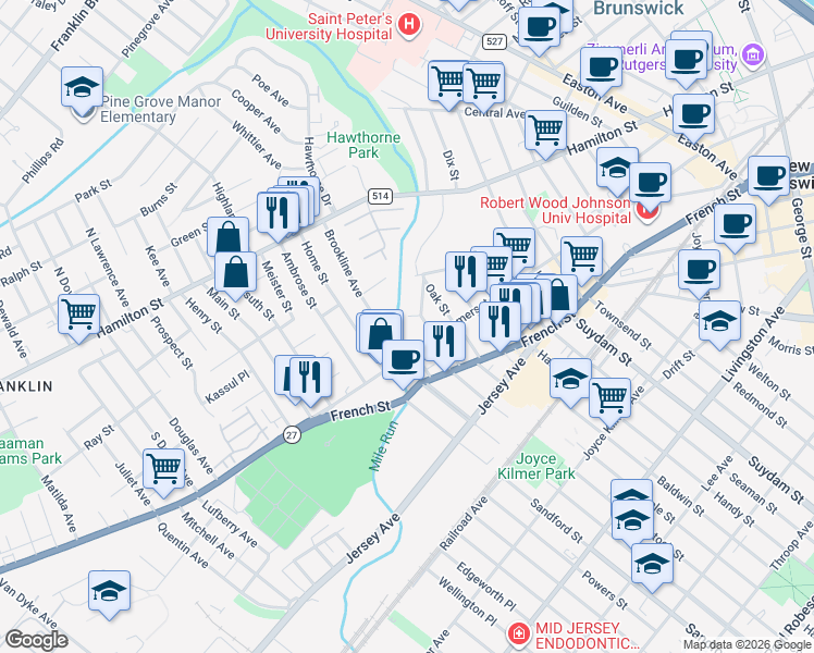 map of restaurants, bars, coffee shops, grocery stores, and more near 10 Hanover Street in Franklin Township