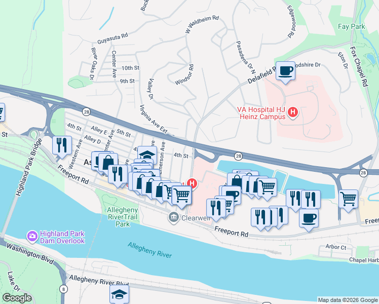 map of restaurants, bars, coffee shops, grocery stores, and more near 700 4th Street in Pittsburgh
