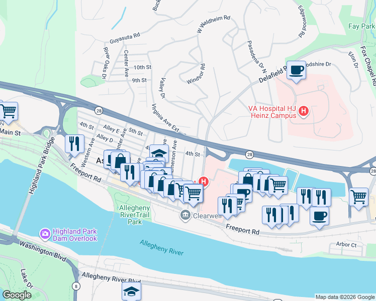 map of restaurants, bars, coffee shops, grocery stores, and more near 413 Virginia Avenue in Pittsburgh