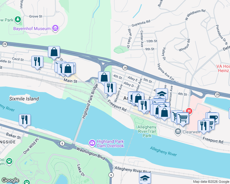 map of restaurants, bars, coffee shops, grocery stores, and more near 1 2nd Street in Pittsburgh