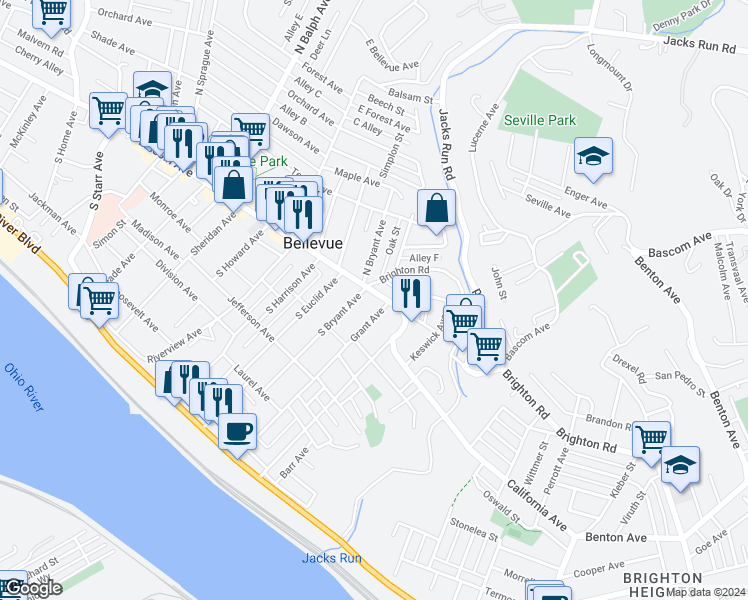 map of restaurants, bars, coffee shops, grocery stores, and more near 230 Lincoln Avenue in Bellevue