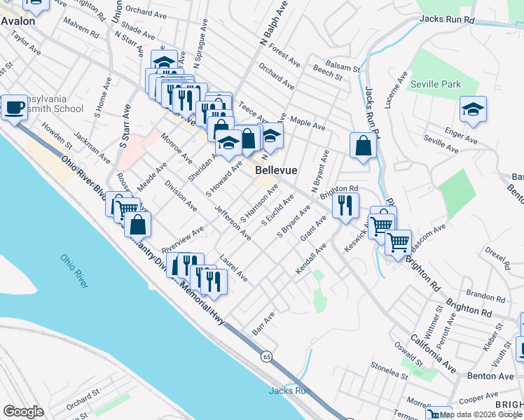 map of restaurants, bars, coffee shops, grocery stores, and more near 35 South Harrison Avenue in Pittsburgh
