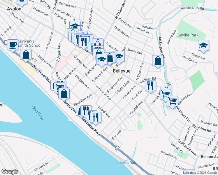 map of restaurants, bars, coffee shops, grocery stores, and more near 398 Caughey Avenue in Pittsburgh
