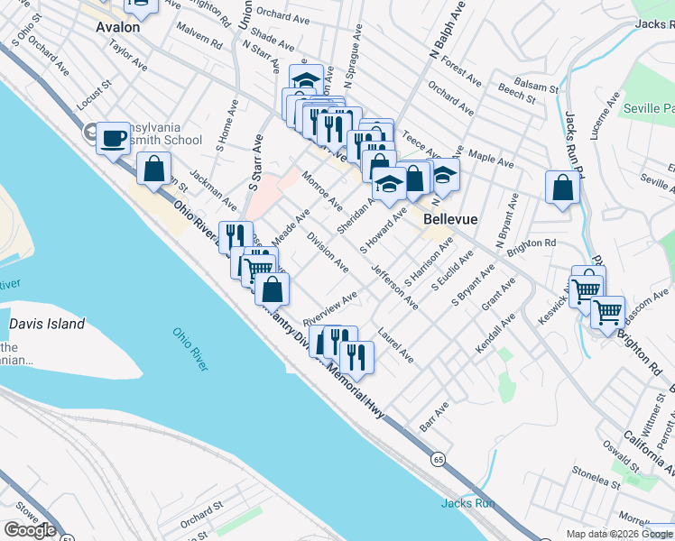 map of restaurants, bars, coffee shops, grocery stores, and more near 438 Division Avenue in Pittsburgh