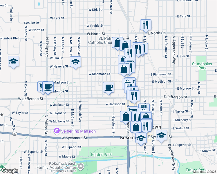 map of restaurants, bars, coffee shops, grocery stores, and more near 720 North Webster Street in Kokomo