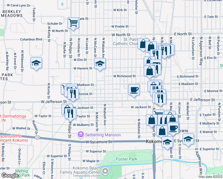 map of restaurants, bars, coffee shops, grocery stores, and more near 722 North Wabash Street in Kokomo