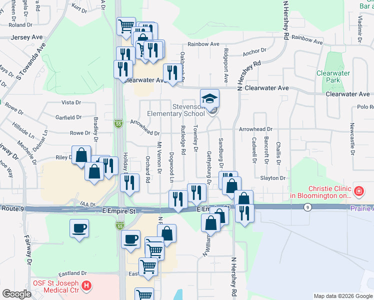 map of restaurants, bars, coffee shops, grocery stores, and more near 1229 Rutledge Road in Bloomington