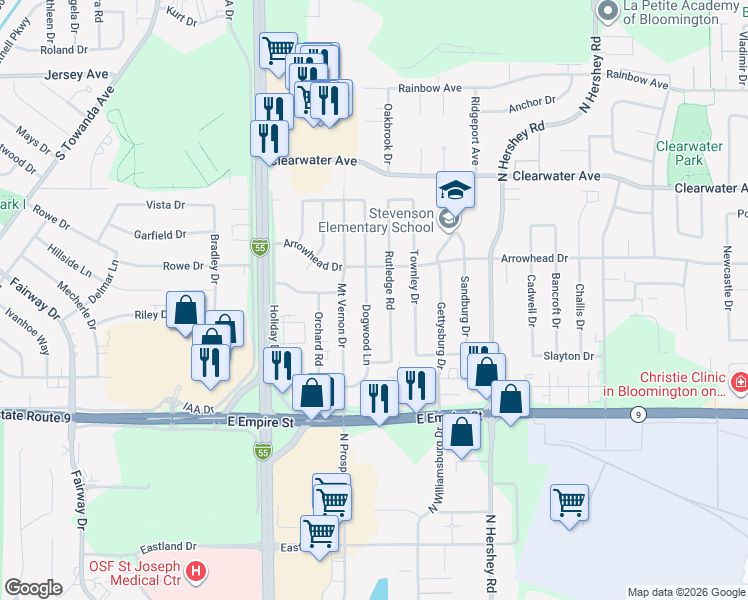 map of restaurants, bars, coffee shops, grocery stores, and more near 1238 Dogwood Lane in Bloomington