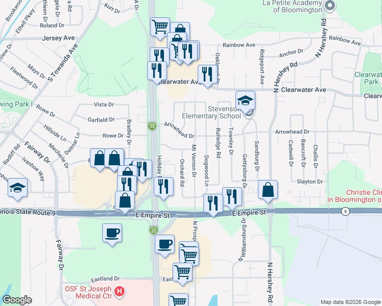 map of restaurants, bars, coffee shops, grocery stores, and more near 1716 Wildwood Road in Bloomington