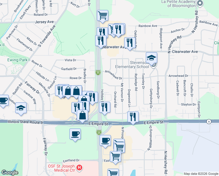 map of restaurants, bars, coffee shops, grocery stores, and more near 1706 Wildwood Road in Bloomington