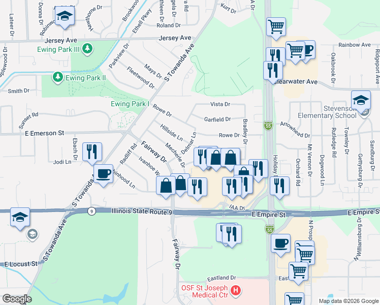 map of restaurants, bars, coffee shops, grocery stores, and more near 304 Hillside Lane in Bloomington