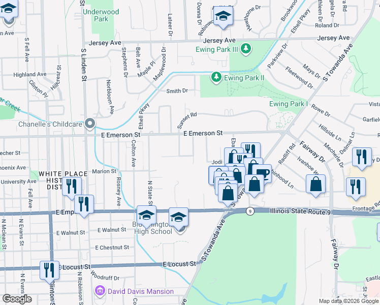 map of restaurants, bars, coffee shops, grocery stores, and more near 6 Inverness Drive in Bloomington
