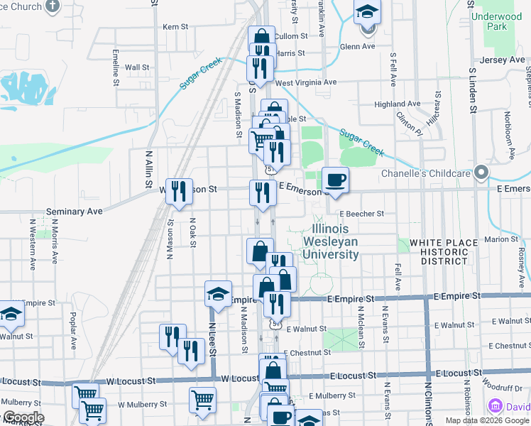 map of restaurants, bars, coffee shops, grocery stores, and more near 201 West Seminary Avenue in Bloomington