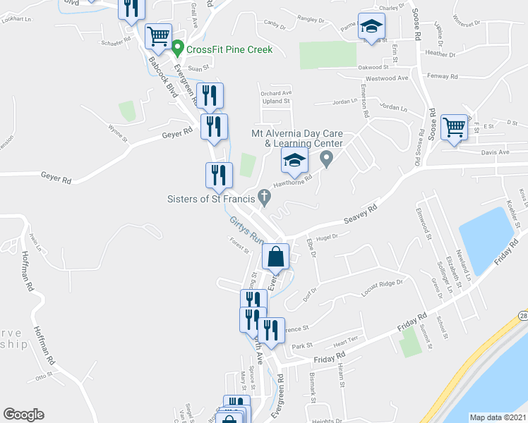 map of restaurants, bars, coffee shops, grocery stores, and more near 98 Hawthorne Road in Pittsburgh