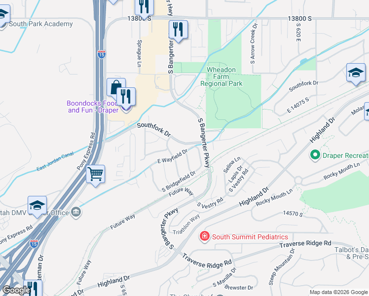 map of restaurants, bars, coffee shops, grocery stores, and more near 253 East Wayfield Drive in Draper