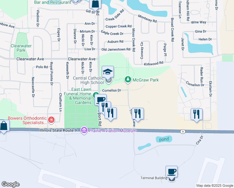 map of restaurants, bars, coffee shops, grocery stores, and more near 3109 Cornelius Drive in Bloomington