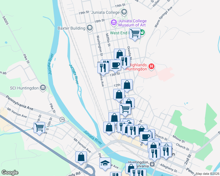 map of restaurants, bars, coffee shops, grocery stores, and more near 301 12th Street in Huntingdon