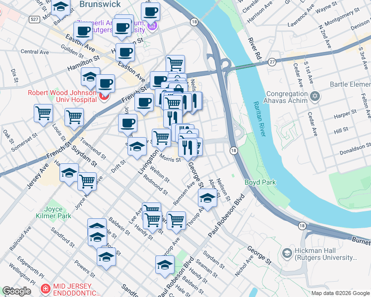 map of restaurants, bars, coffee shops, grocery stores, and more near 285 George Street in New Brunswick