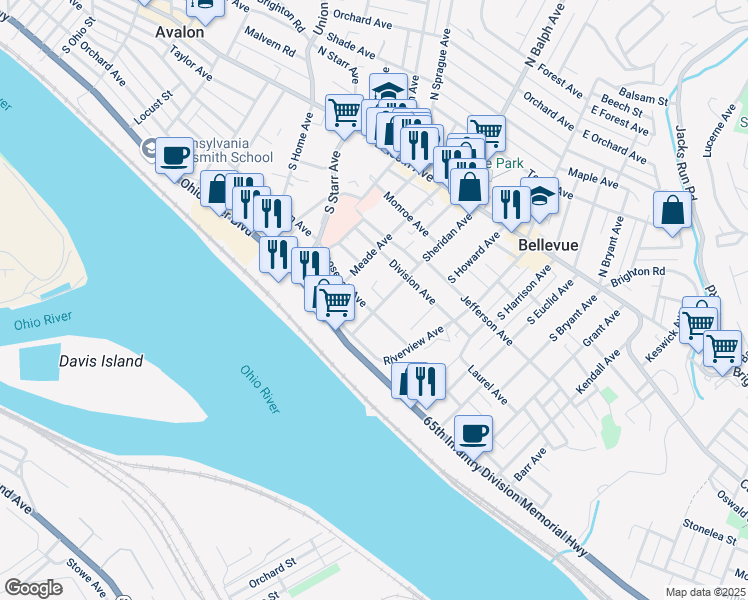 map of restaurants, bars, coffee shops, grocery stores, and more near 520 Roosevelt Avenue in Pittsburgh