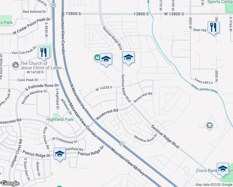 map of restaurants, bars, coffee shops, grocery stores, and more near Meadow Rose Drive in Riverton