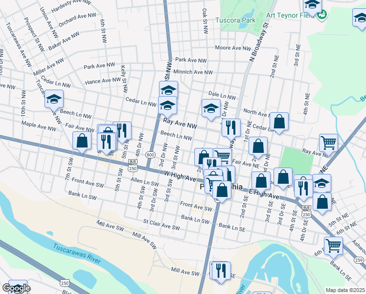 map of restaurants, bars, coffee shops, grocery stores, and more near 238 Beech Ln NW in New Philadelphia