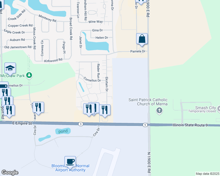 map of restaurants, bars, coffee shops, grocery stores, and more near 1037 Ekstam Drive in Bloomington
