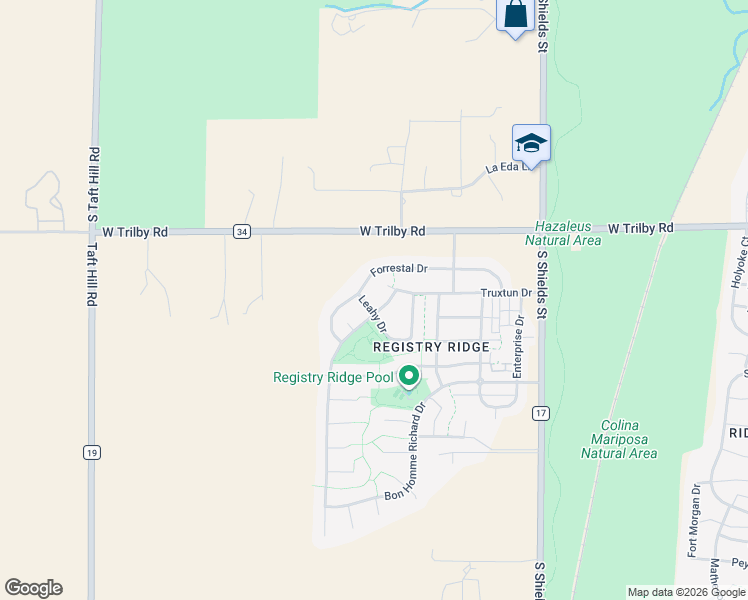 map of restaurants, bars, coffee shops, grocery stores, and more near 1409 Truxun Court in Fort Collins