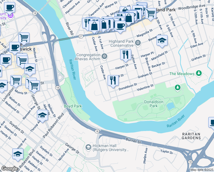 map of restaurants, bars, coffee shops, grocery stores, and more near 410 Cedar Avenue in Highland Park