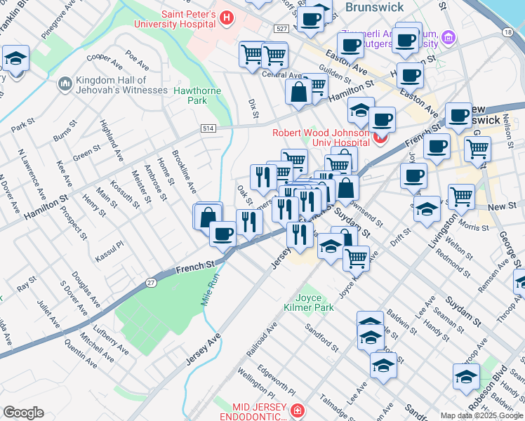 map of restaurants, bars, coffee shops, grocery stores, and more near 299 Somerset Street in New Brunswick
