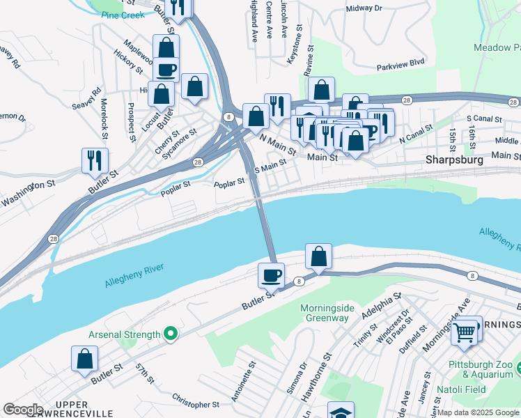 map of restaurants, bars, coffee shops, grocery stores, and more near William Flinn Highway in Sharpsburg
