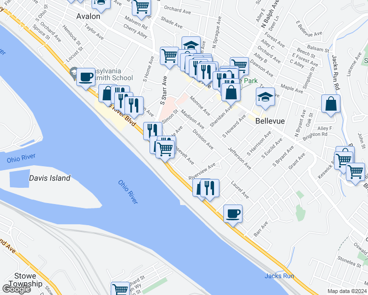 map of restaurants, bars, coffee shops, grocery stores, and more near 520 Roosevelt Avenue in Pittsburgh