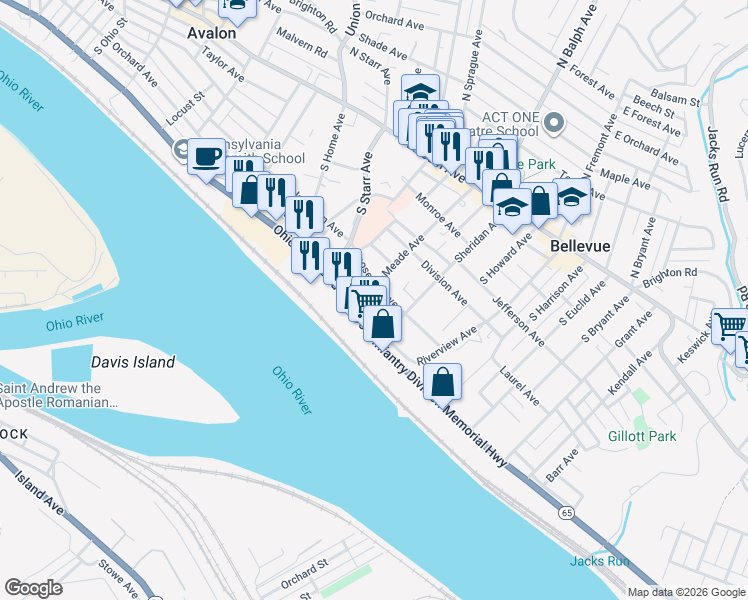 map of restaurants, bars, coffee shops, grocery stores, and more near 326 Riverview Avenue in Pittsburgh