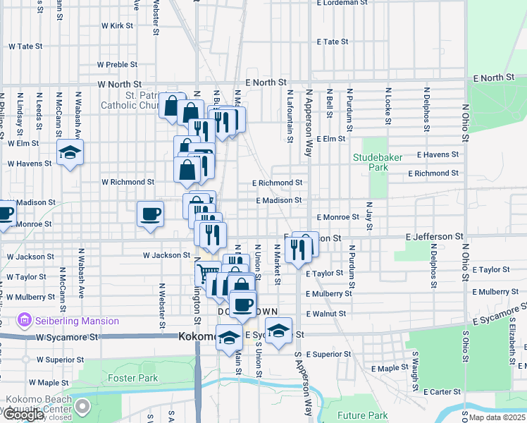 map of restaurants, bars, coffee shops, grocery stores, and more near 720 North Union Street in Kokomo