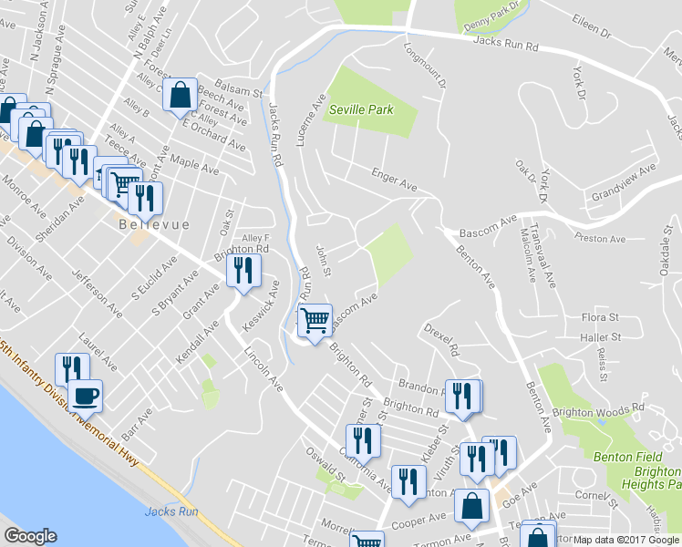 map of restaurants, bars, coffee shops, grocery stores, and more near 12 Mattys Drive in Pittsburgh