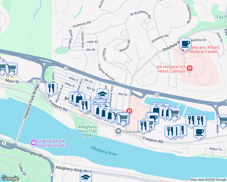 map of restaurants, bars, coffee shops, grocery stores, and more near 413 Virginia Avenue in Pittsburgh