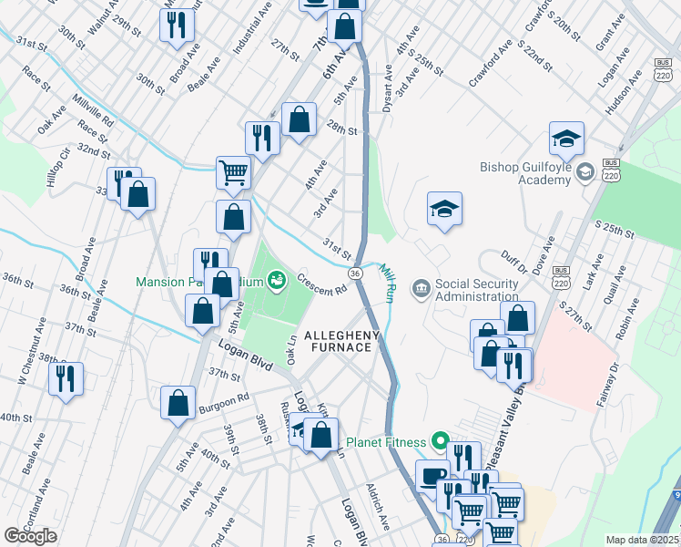 map of restaurants, bars, coffee shops, grocery stores, and more near 3400 Crescent Road in Altoona